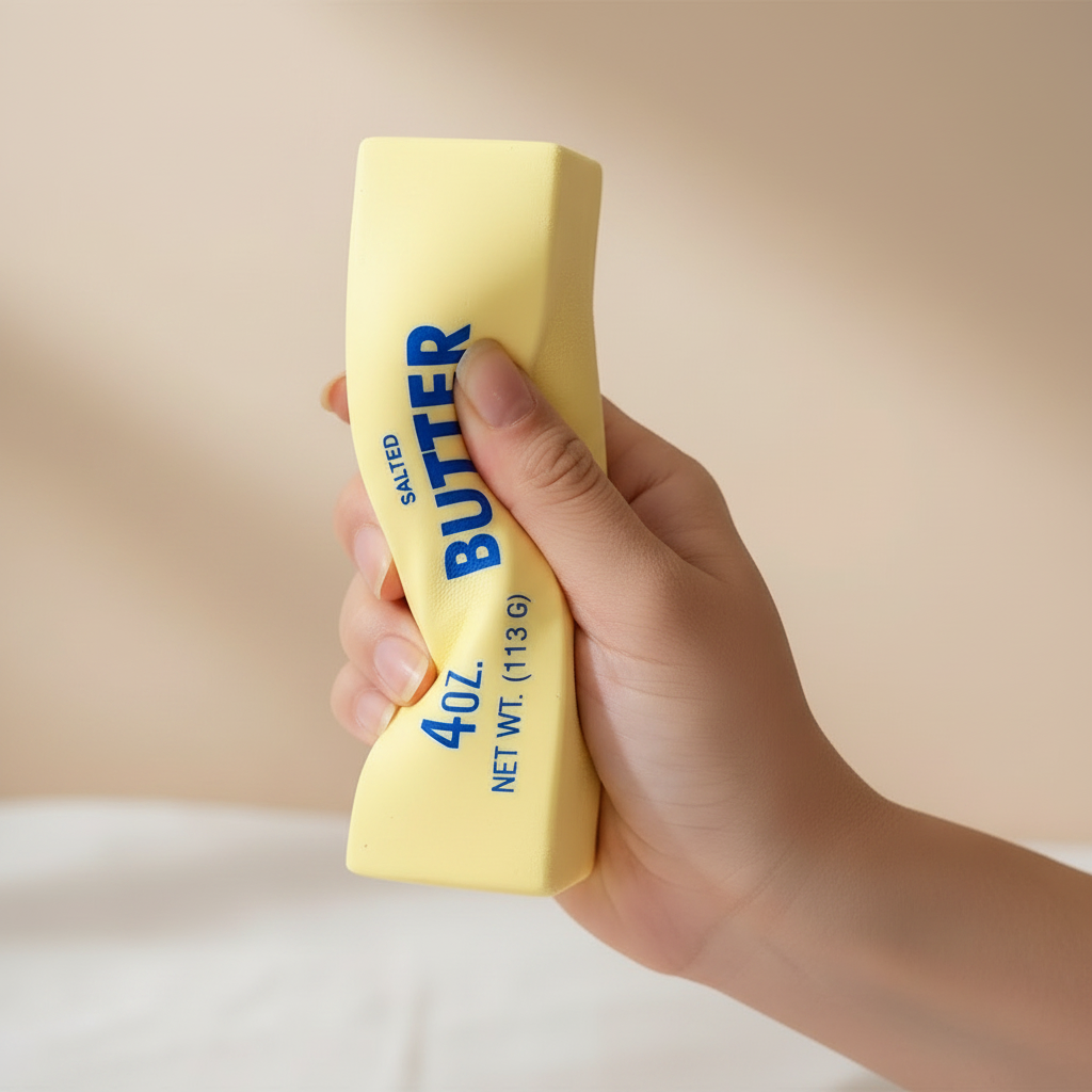 Squishy butter cube with hands